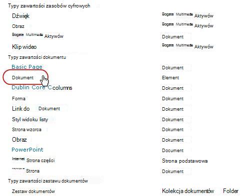Obszar Typy zawartości dokumentu z wyróżnionym typem