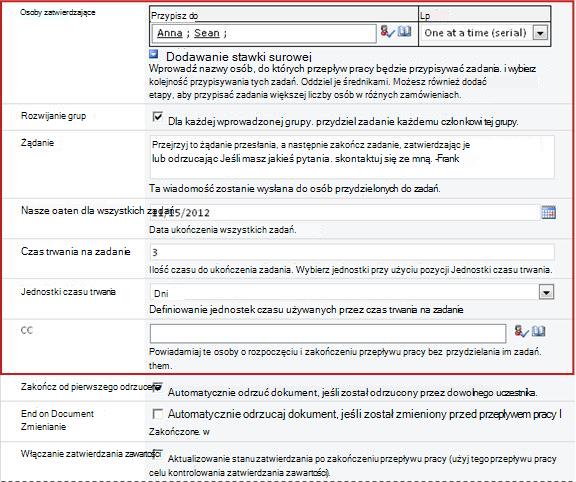 Formularz na potrzeby wprowadzania informacji specyficznych dla uruchamiania