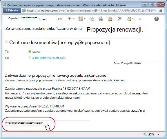 Powiadomienie o ukończeniu przepływu pracy z wyróżnionym łączem do historii