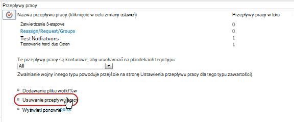 Strona Ustawienia przepływu pracy z wyświetlonym łączem Usuń przepływ pracy