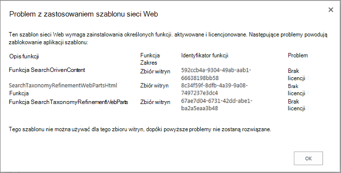 Zrzut ekranu przedstawiający komunikat o błędzie, który może zostać wyświetlony, jeśli niedostępne funkcje uniemożliwiają utworzenie witryny w usłudze SharePoint Online.