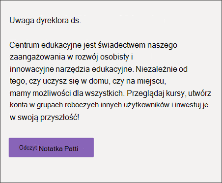Witryna Centrum edukacyjnego Składnik Web Part tekstu z wyświetloną wiadomością powitalną lub obszarem ogłoszenia szablonu