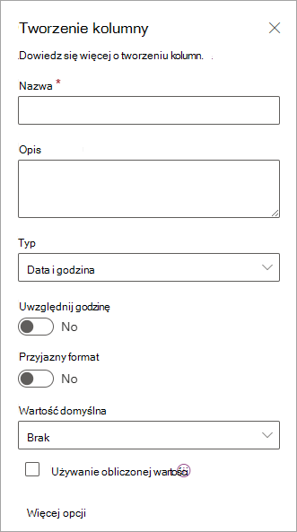 Zrzut ekranu przedstawiający panel Tworzenie kolumny, za pomocą którego można dodawać kolumny do list.