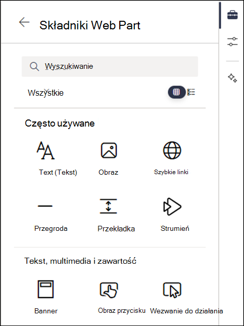 Składniki Web Part wymienione w poziomie 2 zestawu narzędzi
