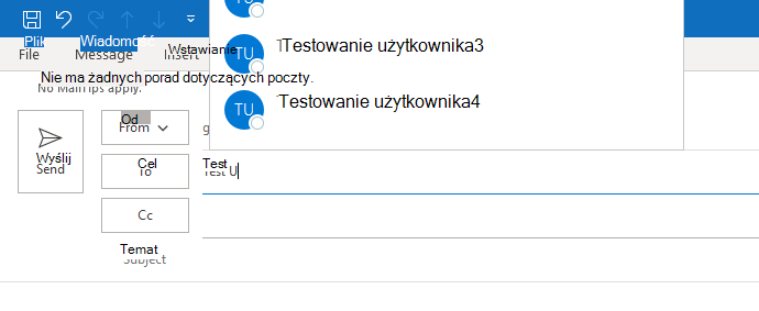 Obraz przedstawiający autouzupełnianie w programie Outlook. Autouzupełnianie jest tylko widoczne częściowo.