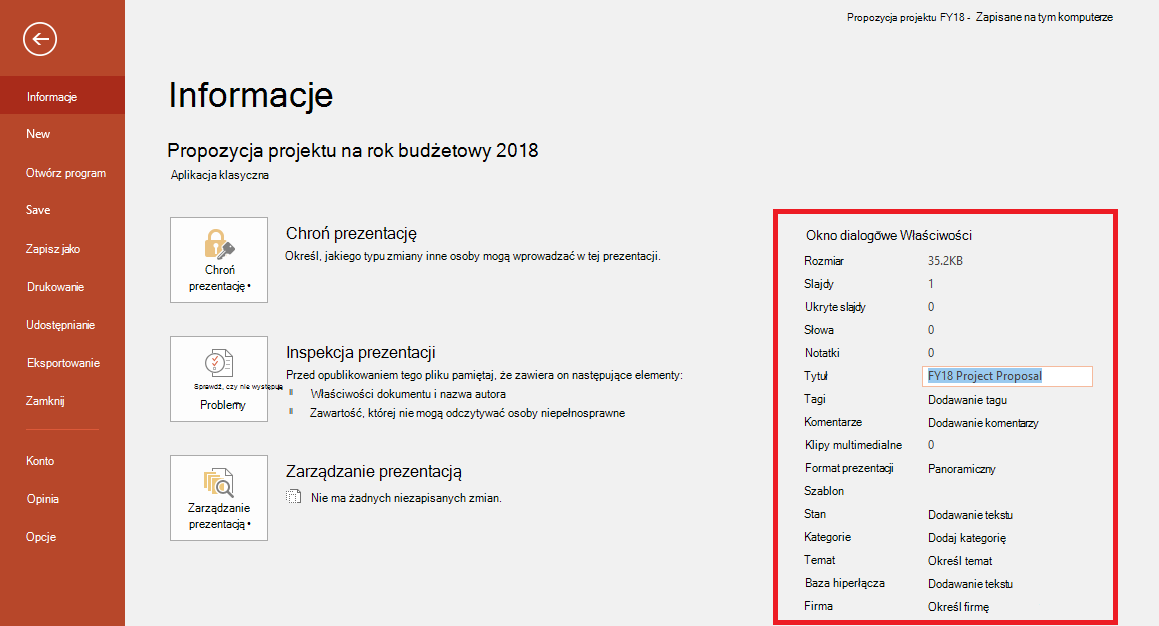 Właściwości dokumentu pakietu Office — plik > Panel Informacje