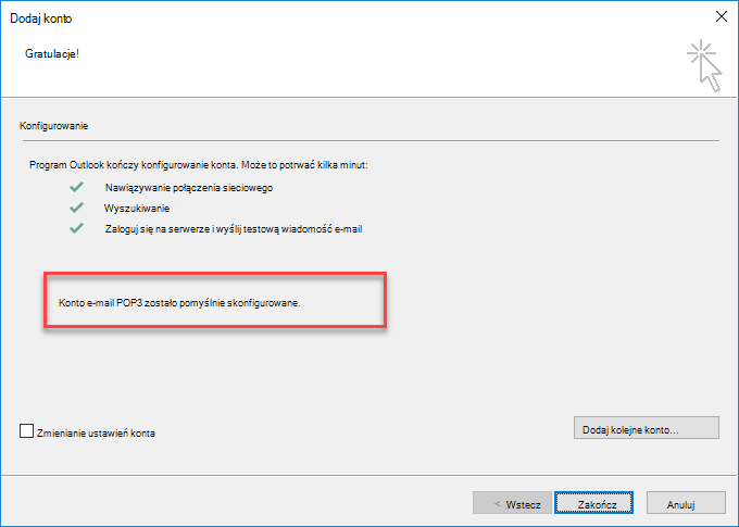 Program Outlook dodaje konto jako konto POP
