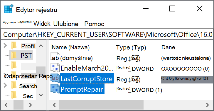 Ustawienia rejestru do usunięcia LastCorruptStore PromptRepair=dword:00000001