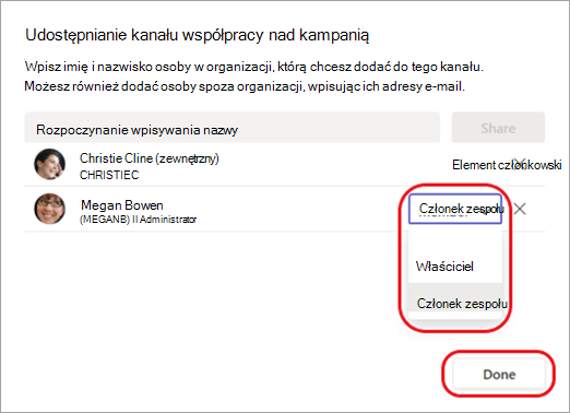 Zrzut ekranu przedstawiający sposób zmieniania członka kanału na właściciela kanału