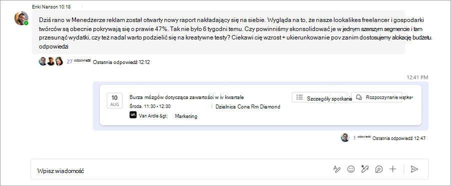 Zrzut ekranu przedstawiający czat spotkania z wątkami w kanale aplikacji Microsoft Teams.