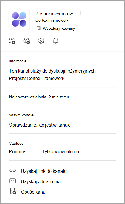 Zrzut ekranu przedstawiający kartę kanału. Wskaż nazwę kanału, aby wyświetlić jej kartę kanału.