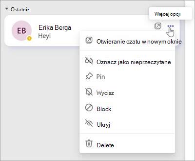 Zrzut ekranu przedstawiający menu opcje czatu