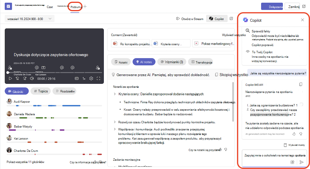 Poprawiona funkcja Copilot w podsumowaniu spotkania