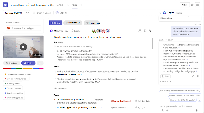 Zrzut ekranu przedstawiający funkcję copilot w podsumowaniu spotkania w aplikacji Teams