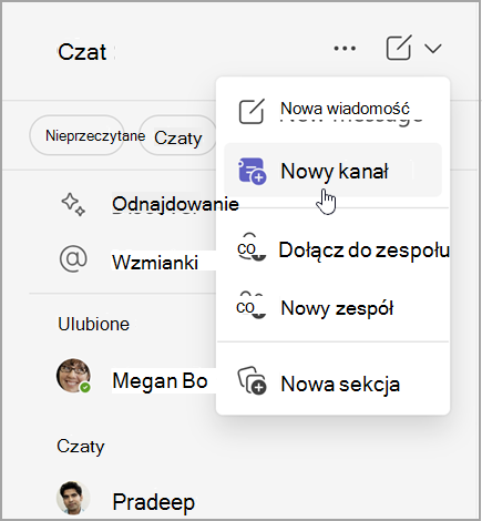 Zrzut ekranu przedstawiający czat w aplikacji Microsoft Teams z opcjami tworzenia nowej wiadomości, nowego kanału lub nowego zespołu. Dostępna jest również opcja dołączenia do zespołu lub utworzenia nowej sekcji.