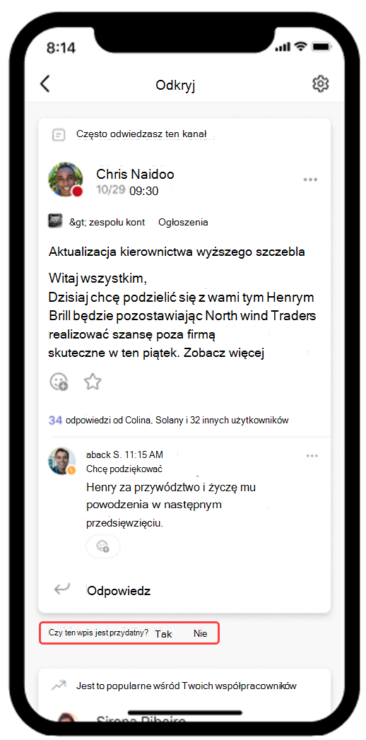 Zrzut ekranu przedstawiający kanał informacyjny usługi Teams Discover otwarty na urządzeniu przenośnym