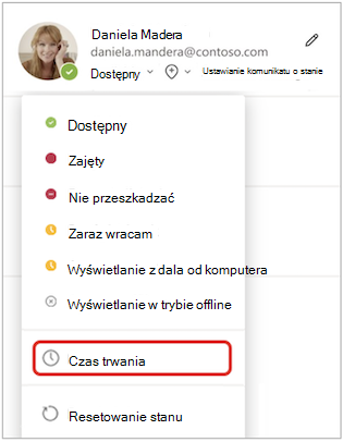 Czas trwania w menu statusu
