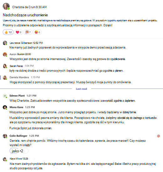 Pełny widok konwersacji w kanale