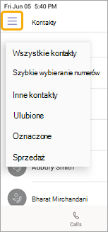 Menu Grupy połączeń