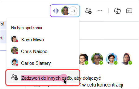 Zrzut ekranu przedstawiający sposób dzwonienia innych osób ze wskaźnika na żywo w błyskawicznym spotkaniu czatu grupowego.