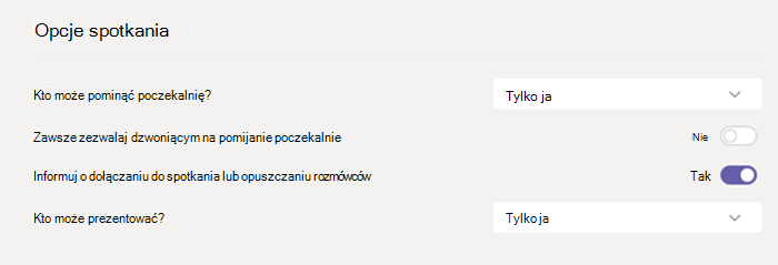 Opcje spotkania w usłudze Teams.