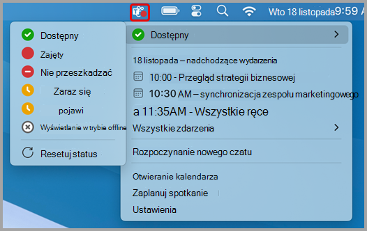 Zrzut ekranu przedstawiający menu szybkich akcji dla aplikacji Teams na komputerze Mac.