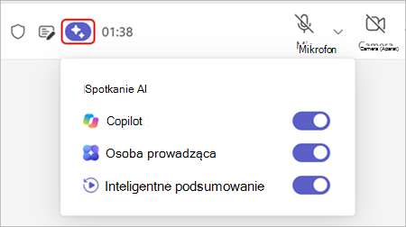 Zrzut ekranu z wyróżnioną opcją Spotkanie AI w górnej części okna spotkania w aplikacji Teams