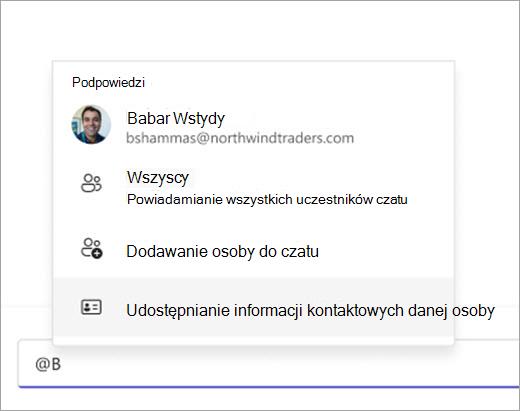 Zrzut ekranu przedstawiający sposób ściągania kontaktu do udostępniania przy użyciu @mention.