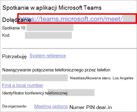 Zrzut ekranu przedstawiający nowy format zaproszenia na spotkanie w aplikacji Teams z wyróżnionym linkiem dołączania.