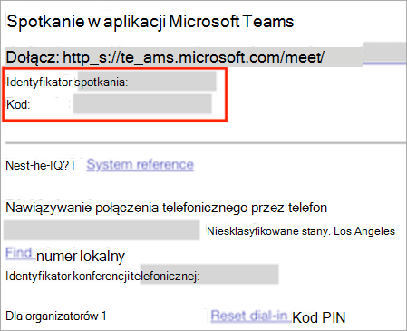 Zrzut ekranu przedstawiający nowe zaproszenie na spotkanie w aplikacji Teams z wyróżnionym identyfikatorem spotkania i kodem dostępu.