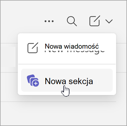 Zrzut ekranu opcji nowej wiadomości i nowej sekcji, która pojawia się po wybraniu nowych elementów w oddzielnym widoku czatu.