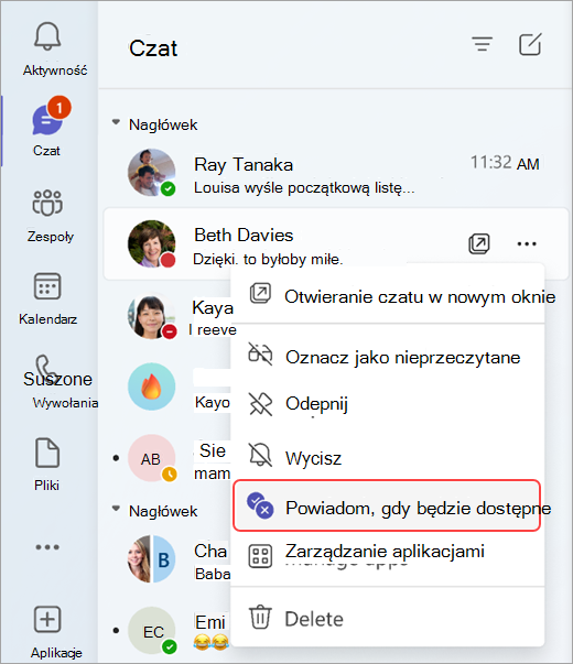 Zrzut ekranu przedstawiający sposób powiadamiania o zmianie statusu innej osoby na czacie.