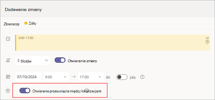 Zrzut ekranu przedstawiający przełącznik Otwórz przesuń między lokalizacjami dla otwartej zmiany.