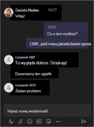 Zrzut ekranu przedstawiający widok organizatora, gdy imiona i nazwiska są ukryte podczas spotkania lub seminarium internetowego w aplikacji Teams.