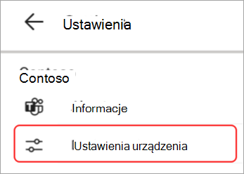 Zrzut ekranu przedstawiający interfejs użytkownika ustawień urządzenia wyróżniony w panel Teams