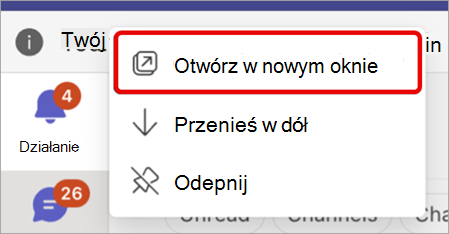 Zrzut ekranu przedstawiający sposób wyświetlania aplikacji Teams w nowym oknie.
