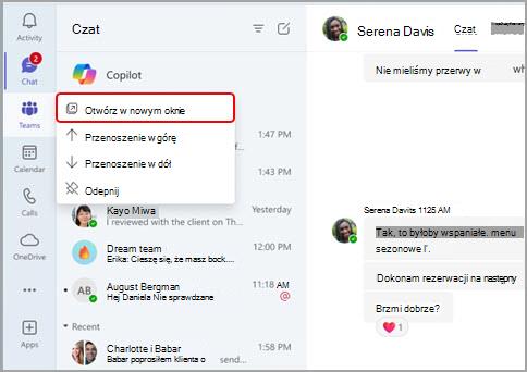 Zrzut ekranu przedstawiający sposób otwierania podstawowych aplikacji Teams w nowych oknach.