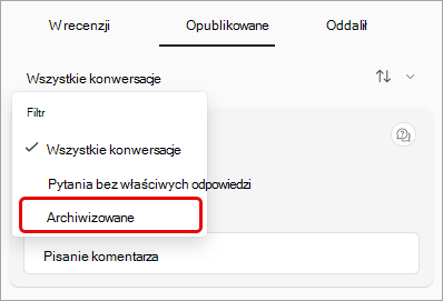 Zrzut ekranu przedstawiający menu rozwijane Filtr q&A z wyróżnioną pozycją zarchiwizowane.