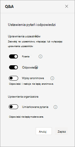 Zrzut ekranu przedstawiający ustawienia pytań i odpowiedzi podczas spotkania pracowników