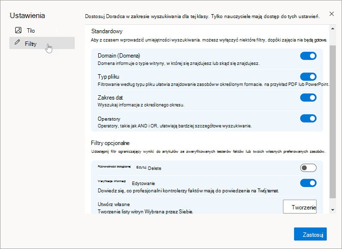 Zrzut ekranu przedstawiający wybieranie karty filtrów w ustawieniach