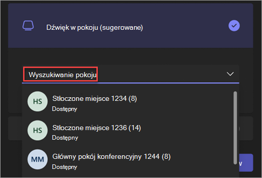 Zrzut ekranu przedstawiający pasek wyszukiwania opcji Dźwięk w pokoju na ekranie prejoin spotkania w aplikacji Teams.