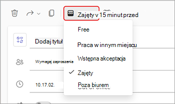 Zrzut ekranu przedstawiający menu rozwijane dla opcji Pokaż jako statusy na spotkaniu w aplikacji Teams.