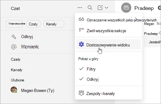 Zrzut ekranu przedstawiający sposób dostosowywania widoku w prostej współpracy