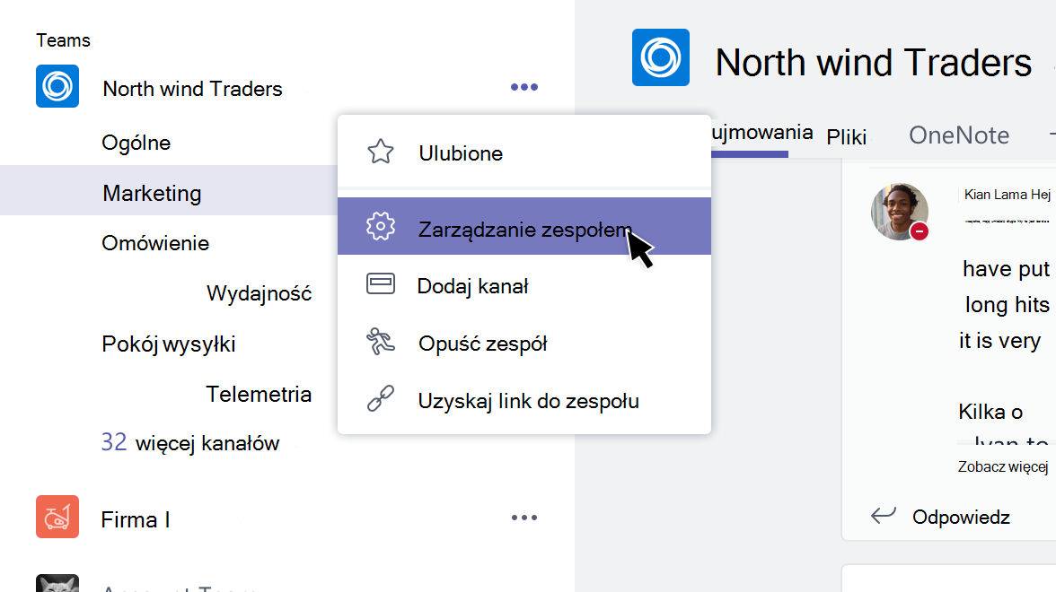 Menu Zespół z wybranym poleceniem Zarządzanie zespołem