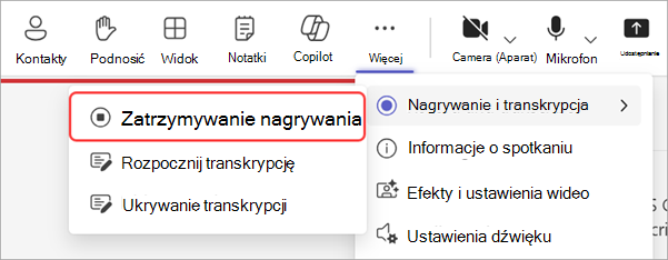 Zrzut ekranu z wyróżnionym sposobem zatrzymywania nagrywania podczas spotkania pracowników