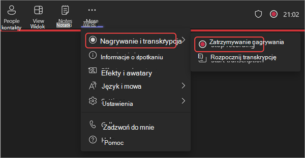 Zrzut ekranu przedstawiający sposób zatrzymywania nagrywania podczas seminarium internetowego