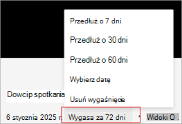 Zrzut ekranu z wyróżnionym sposobem przedłużenia daty wygaśnięcia nagrania w Microsoft Stream.