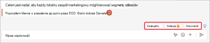 Zrzut ekranu przedstawiający sugerowane odpowiedzi na czacie