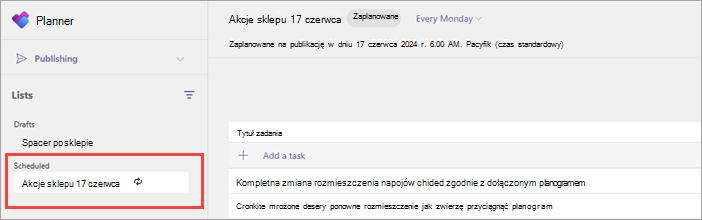 Zrzut ekranu przedstawiający listę zadań cyklicznych w sekcji Zaplanowane na stronie Publikowanie.