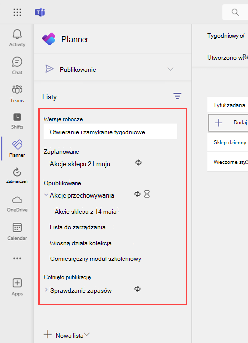 Zrzut ekranu przedstawiający sekcje Wersje robocze, Zaplanowane, Opublikowane i Nieopublikowane na stronie Publikowanie aplikacji Planner.